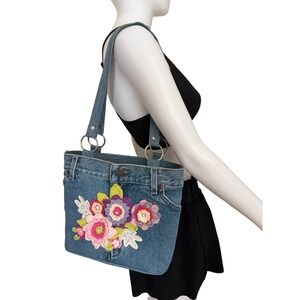 Hand & Heart Walnut CA Hand Made Crochet Floral Denim Shoulder Bag